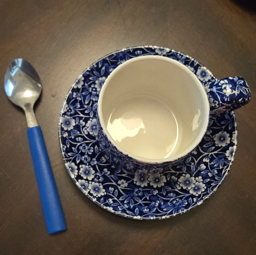 Vtg.Blue Calico Coffee Mug, Saucer, Dessert Plate, Blue Handled Spoon